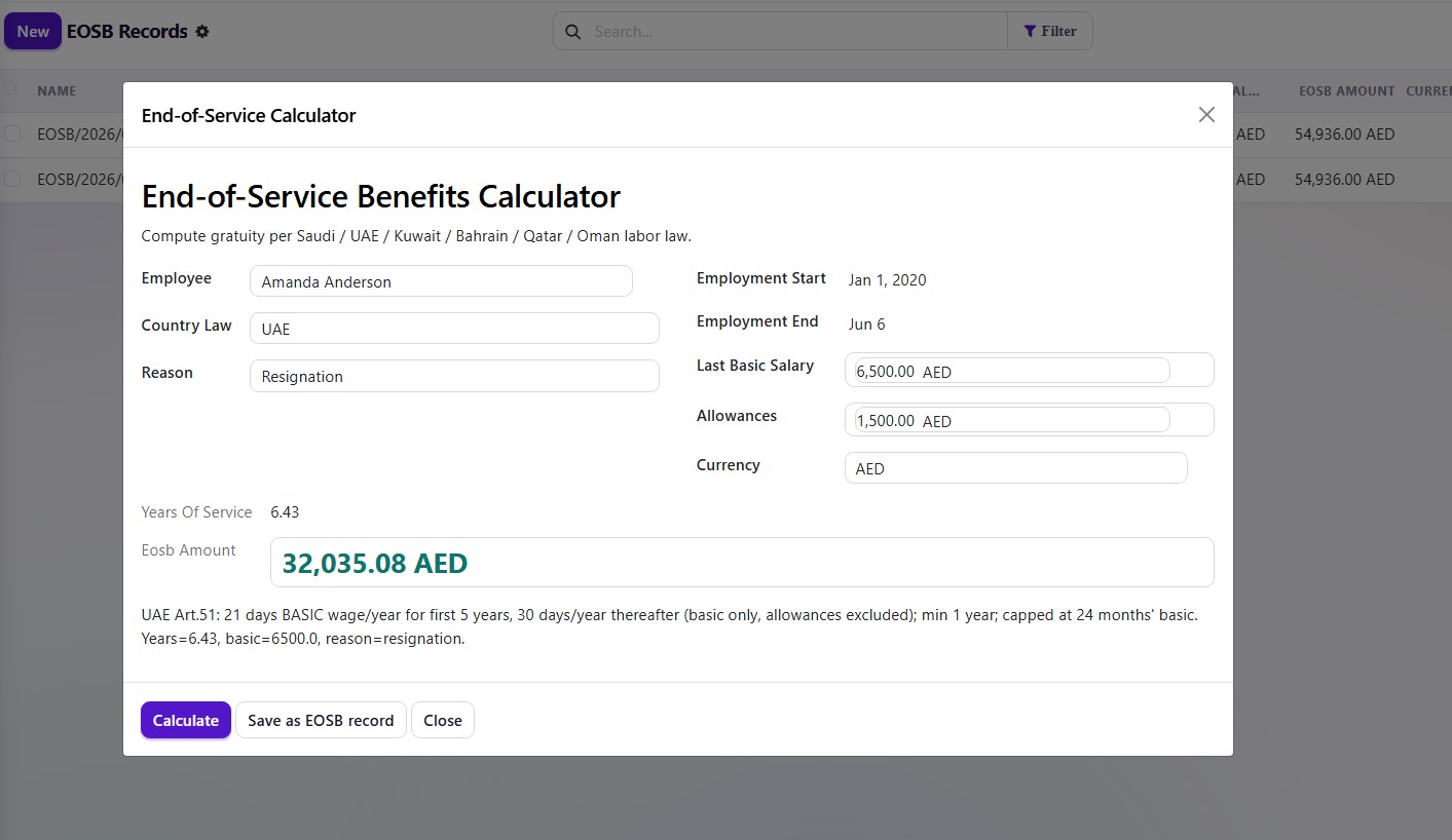 Emirates HRM end-of-service benefits calculator